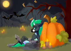 Size: 3500x2513 | Tagged: safe, artist:starshade, oc, oc only, oc:william, bat pony, pony, bat pony oc, commission, cute, cutie mark, full body, halloween, holiday, male, moon, night, pumpkin, ych result, your character here