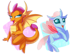 Size: 2732x2048 | Tagged: safe, artist:sacredroses-art, ocellus, smolder, changedling, changeling, dragon, dragoness, duo, female, high res, simple background, transparent background