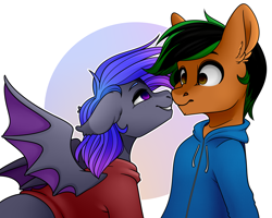 Size: 5906x4724 | Tagged: safe, artist:buvanybu, oc, oc:grey, oc:patutu, bat pony, earth pony, pony, boop, clothes, cute, hoodie, noseboop