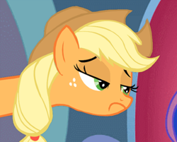 Size: 493x396 | Tagged: safe, edit, edited screencap, screencap, applejack, earth pony, pony, the return of harmony, cropped, inverted mouth, unhapplejack