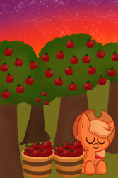 Size: 1200x1800 | Tagged: safe, artist:sweets-and-giggles, derpibooru import, applejack, earth pony, pony, apple, apple orchard, apple tree, applejack's hat, cowboy hat, cute, eyes closed, food, hat, jackabetes, sleeping, solo, starry sky, sunset, tree