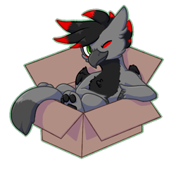 Size: 897x875 | Tagged: safe, artist:cleoziep, oc, oc only, oc:scorp1.0, oc:scorpio, griffon, box, chest fluff, in a box, one eye closed, solo, wink, winking at you