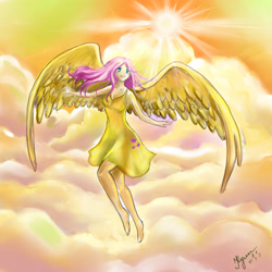 Size: 3500x3500 | Tagged: safe, artist:unnameluna, fluttershy, human, beautiful, clothes, cloud, dress, female, flying, humanized, solo, sun, winged humanization, wings