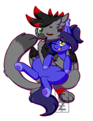 Size: 1407x1827 | Tagged: safe, artist:cleoziep, oc, oc only, oc:night light, oc:scorp1.0, oc:scorpio, bat pony, griffon, pony, chest fluff, cuddling, cute, hug, one eye closed, simple background, transparent background, wink