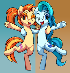 Size: 3792x3912 | Tagged: safe, artist:moonseeker, lighthoof, shimmy shake, earth pony, pony, 2 4 6 greaaat, bipedal, cute, duo, duo female, female, looking at you, mare, one eye closed, smiling, standing, wink