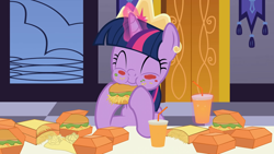 Size: 1920x1080 | Tagged: safe, artist:agrol, twilight sparkle, twilight sparkle (alicorn), alicorn, burger, crown, cute, drink, eating, food, french fries, hamburger, happy, hay burger, hay fries, how to be a princess, jewelry, messy eating, regalia, solo, twiabetes, twilight burgkle
