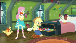 Size: 1920x1080 | Tagged: safe, screencap, applejack, fluttershy, bird, chicken, better together, choose your own ending, costume conundrum, equestria girls, applejack's bedroom, applejack's hat, bed, boots, carpet, clothes, cowboy boots, cowboy hat, denim skirt, female, hat, holding, hug, shoes, skirt, stash, trunk, window