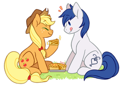 Size: 586x415 | Tagged: safe, artist:mr-tiaa, derpibooru import, applejack, oc, oc:constance everheart, earth pony, pony, canon x oc, chibi, everjack, female, food, male, pie, shipping, sitting, straight