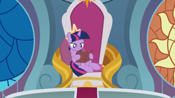 Size: 1920x1080 | Tagged: safe, artist:agrol, twilight sparkle, twilight sparkle (alicorn), alicorn, pony, book, bored, crown, female, how to be a princess, jewelry, mare, pillow, reading, regalia, solo, throne