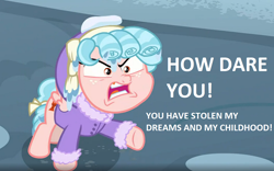 Size: 1128x704 | Tagged: safe, edit, edited screencap, screencap, cozy glow, pegasus, pony, frenemies (episode), angry, cozy glow is best facemaker, cozy glow is not amused, foal, greta thunberg, op is a cuck, op is trying to start shit, solo