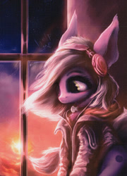 Size: 1484x2066 | Tagged: safe, artist:stdeadra, oc, oc only, earth pony, pony, deadra, ears, hair, jaket, solo, sun, window