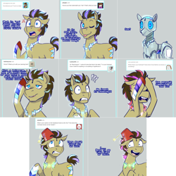 Size: 2254x2254 | Tagged: safe, artist:jitterbugjive, doctor whooves, oc, oc:neosurgeon, pony, robot, robot pony, ask, fez, hat, hologram, lovestruck derpy, solo, tumblr