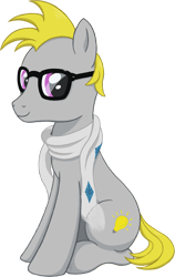 Size: 946x1500 | Tagged: safe, artist:crystalightrocket, derpibooru exclusive, oc, oc only, oc:ghost the hipster, earth pony, pony, 2020 community collab, clothes, derpibooru community collaboration, glasses, looking at you, male, scarf, simple background, sitting, smiling, solo, stallion, transparent background