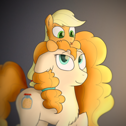 Size: 3840x3840 | Tagged: safe, artist:renderpoint, derpibooru import, applejack, pear butter, earth pony, pony, :p, chest fluff, colored pupils, cute, duo, ear fluff, female, filly, filly applejack, floppy ears, high res, jackabetes, leg fluff, mare, mother and child, mother and daughter, parent and child, pearabetes, silly, tongue out, younger