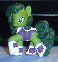 Size: 606x648 | Tagged: safe, artist:chili19, earth pony, pony, boots, clothes, crossover, custom, female, irl, mare, photo, ponified, raised hoof, she-hulk, shoes, solo, toy