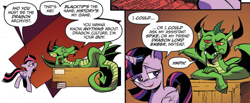 Size: 2583x1069 | Tagged: safe, artist:andypriceart, idw, blacktip, twilight sparkle, twilight sparkle (alicorn), alicorn, dragon, pony, spoiler:comic, spoiler:comic61, armpits, comic, convocation of the creatures, cropped, duo, female, male, mare, official comic, on back, smug, smuglight sparkle, speech bubble