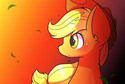 Size: 1500x1000 | Tagged: safe, artist:dddreamdraw, applejack, earth pony, pony, blushing, bust, cute, female, freckles, gradient background, hat, jackabetes, leaves, mare, orange background, smiling, solo