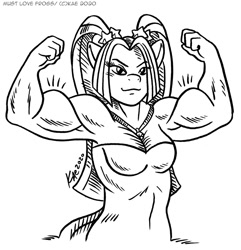 Size: 965x1000 | Tagged: safe, artist:kaemantis, part of a set, aria blaze, anthro, aria brute, biceps, black and white, clothes, commission, dress, grayscale, monochrome, muscles, signature, simple background, smiling, solo, white background