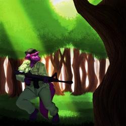 Size: 2000x2000 | Tagged: safe, artist:sintacle, tempest shadow, anthro, unguligrade anthro, bandana, broken horn, clothes, commission, eye scar, fatigues, forest, gun, horn, m4 carbine, rifle, scar, soldier, soldier pony, solo, tactical vest, uniform, weapon