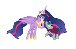 Size: 1712x1100 | Tagged: safe, derpibooru exclusive, edit, editor:proto29, princess twilight 2.0, stygian, twilight sparkle, twilight sparkle (alicorn), alicorn, pony, unicorn, the last problem, duo, female, male, older, older twilight, shipping, simple background, stallion, straight, twigian, twiligian, white background, wings