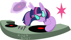 Size: 1584x893 | Tagged: safe, artist:roadboat, twilight sparkle, unicorn twilight, pony, unicorn, female, magic, mare, record, simple background, solo, telekinesis, transparent background, turntable, vinyl scratch's glasses