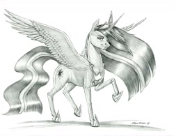 Size: 1400x1093 | Tagged: safe, artist:baron engel, princess twilight 2.0, twilight sparkle, twilight sparkle (alicorn), alicorn, pony, the last problem, crown, cutie mark, female, grayscale, jewelry, looking at you, mare, monochrome, pencil drawing, peytral, regalia, simple background, smiling, solo, traditional art, white background