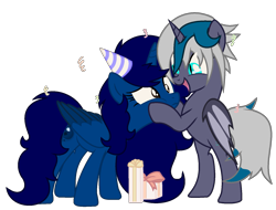 Size: 1621x1235 | Tagged: safe, artist:klewgcg, artist:rukemon, oc, oc only, oc:elizabat stormfeather, oc:midnight, alicorn, bat pony, bat pony alicorn, pony, alicorn oc, base used, bat pony oc, bipedal, birthday, birthday gift, commission, confetti, cute, cutie, female, hat, mare, open mouth, party hat, present, show accurate, simple background, squishy cheeks, transparent background