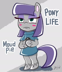 Size: 2126x2455 | Tagged: safe, artist:garammasara, boulder (pet), maud pie, pony, semi-anthro, my little pony: pony life, abstract background, bipedal, cute, female, maudabetes, unamused