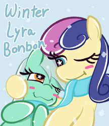 Size: 2551x2946 | Tagged: safe, artist:garammasara, bon bon, lyra heartstrings, sweetie drops, pony, december, female, hug, lesbian, lyrabon, one eye closed, shipping, snow, starry eyes, wingding eyes, wink