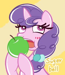 Size: 1774x2048 | Tagged: safe, artist:garammasara, sugar belle, apple, food, herbivore, misspelling, solo, starry eyes, wingding eyes