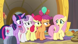 Size: 1920x1080 | Tagged: safe, screencap, apple bloom, fluttershy, scootaloo, sweetie belle, twilight sparkle, twilight sparkle (alicorn), alicorn, pegasus, pony, growing up is hard to do, cutie mark crusaders, older, saddle bag