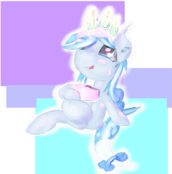 Size: 789x798 | Tagged: safe, artist::snowfrost, oc, oc only, oc:snow frost, bow, cake, candle, candlelight, female, filly, fire, food, frosting, hair bow, plate, simple background, solo, tail bow