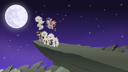 Size: 9865x5546 | Tagged: safe, artist:suramii, oc, oc only, oc:cuddy, bat pony, pegasus, pony, unicorn, absurd resolution, bat pony oc, cliff, full moon, group, mare in the moon, moon, night, raised hoof, scenery, socks (coat marking), stars, unamused