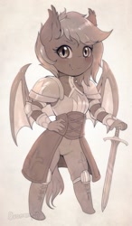 Size: 1400x2400 | Tagged: safe, artist:evomanaphy, derpibooru import, oc, oc only, oc:speck, anthro, bat pony, agrias, agrias oaks, anthro oc, armor, bat pony oc, chibi, clothes, fangs, female, final fantasy, final fantasy tactics, hand on hip, looking at you, monochrome, simple background, smiling, solo, sword, weapon, white background