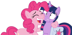 Size: 5297x2597 | Tagged: safe, artist:sketchmcreations, derpibooru import, pinkie pie, twilight sparkle, twilight sparkle (alicorn), alicorn, earth pony, pony, a trivial pursuit, cheek squish, eyes closed, female, frown, hoof around neck, horrified, mare, open mouth, saddle bag, simple background, smiling, squishy cheeks, transparent background, vector