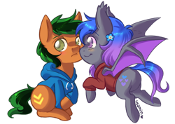 Size: 600x425 | Tagged: safe, artist:usamin, oc, oc:grey, oc:patutu, bat pony, earth pony, pony, bat pony oc, clothes, cute, heart, hoodie, shy, simple background, transparent background