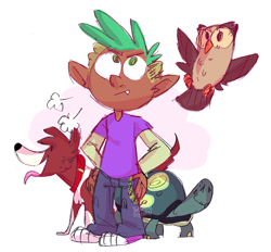 Size: 900x836 | Tagged: safe, artist:stevetwisp, derpibooru import, owlowiscious, spike, tank, winona, dog, human, owl, tortoise, just for sidekicks, converse, elf ears, hand on hip, human spike, humanized, profile, shoes, tongue out