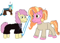 Size: 1057x756 | Tagged: safe, artist:horsesplease, gallus, li'l cheese, luster dawn, the last problem, anakin skywalker, attack of the clones, female, gallus is not amused, jedi, lightsaber, lustercheese, male, obi wan kenobi, older li'l cheese, padme amidala, revenge of the sith, star wars, straight, unamused, weapon