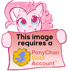 Size: 325x339 | Tagged: source needed, safe, pinkie pie, earth pony, pony, female, hoof hold, mare, meme, ponychan, sign, simple background, smiling, solo, text, this image requires a gold account, white background