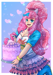 Size: 2480x3508 | Tagged: safe, artist:mantarwolf, pinkie pie, earth pony, human, pony, cake, clothes, cutie mark, dress, female, food, high res, human ponidox, humanized, kotobukiya, kotobukiya pinkie pie, self ponidox, solo