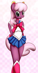 Size: 2040x3915 | Tagged: safe, artist:an-tonio, artist:tolpain, cheerilee, anthro, earth pony, collaboration, abstract background, boots, cheeribetes, clothes, cosplay, costume, cute, female, legs, leotard, looking at you, mare, miniskirt, open mouth, pleated skirt, sailor moon, shoes, skirt, smiling, smiling at you, solo, solo female