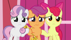 Size: 1280x720 | Tagged: safe, screencap, apple bloom, scootaloo, sweetie belle, pony, the last crusade, cutie mark crusaders, key, sad