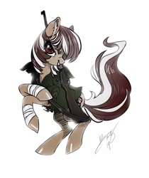 Size: 1280x1521 | Tagged: safe, artist:opalacorn, oc, oc only, oc:roulette, earth pony, pony, fallout equestria, clothes, cocky, female, gun, hoof wraps, jacket, mare, rearing, rifle, simple background, smiling, smirk, solo, weapon