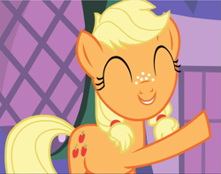 Size: 1191x939 | Tagged: safe, screencap, applejack, earth pony, pony, where the apple lies, cropped, cute, eyes closed, female, freckles, happy, jackabetes, smiling, solo, teenage applejack, teenager