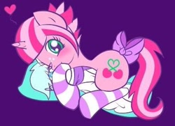 Size: 382x276 | Tagged: safe, artist:cherrydayz, oc, oc only, oc:cherry days, pony, unicorn, blushing, body pillow, bow, clothes, heart, horn, hug, one eye closed, pillow, pillow hug, socks, solo, striped socks, tail bow, unicorn oc, wink