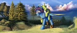 Size: 1280x554 | Tagged: safe, artist:klarapl, oc, oc only, pegasus, pony, unicorn, bracelet, clothes, eyes closed, female, forest, gift art, hiking, jewelry, lake, male, mare, matching outfits, no mane, no tail, oc x oc, pillow, scenery, shipping, shoes, sleeping, stallion, straight, stubble, tree