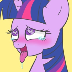 Size: 1026x1026 | Tagged: safe, artist:cherrydayz, twilight sparkle, unicorn twilight, pony, unicorn, ahegao, blushing, bust, crying, drool, eyes rolling back, female, heart eyes, lidded eyes, mare, open mouth, simple background, smiling, solo, tears of pleasure, teary eyes, tongue out, wingding eyes, ych result, yellow background