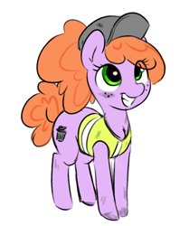 Size: 712x852 | Tagged: artist needed, safe, oc, pony, cap, chest fluff, freckles, garbage bin, garbage mare, hat, looking at you, ponytail, reflective vest, simple background, smiling, solo