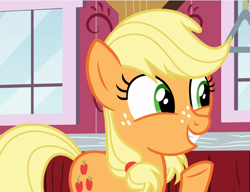 Size: 1221x939 | Tagged: safe, screencap, applejack, earth pony, pony, where the apple lies, cropped, cute, female, freckles, happy, jackabetes, raised hoof, smiling, solo, teenage applejack, teenager