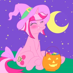 Size: 2520x2520 | Tagged: safe, artist:cherrydayz, artist:sketchy_fox, oc, oc:cherry days, unicorn, bow, candy, cheeks, chest fluff, colored, crescent moon, cute, cutie mark, eating, eyes closed, female, food, full body, halloween, hat, holiday, moon, night, nightmare night, pink coat, pink mane, pumpkin bucket, simple background, sitting, sketch, solo, stars, straight mane, sweets, tail bow, transparent moon, trick or treat, underhoof, witch costume, witch hat